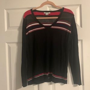 Pink, White and Black Striped V-Neck Sweater